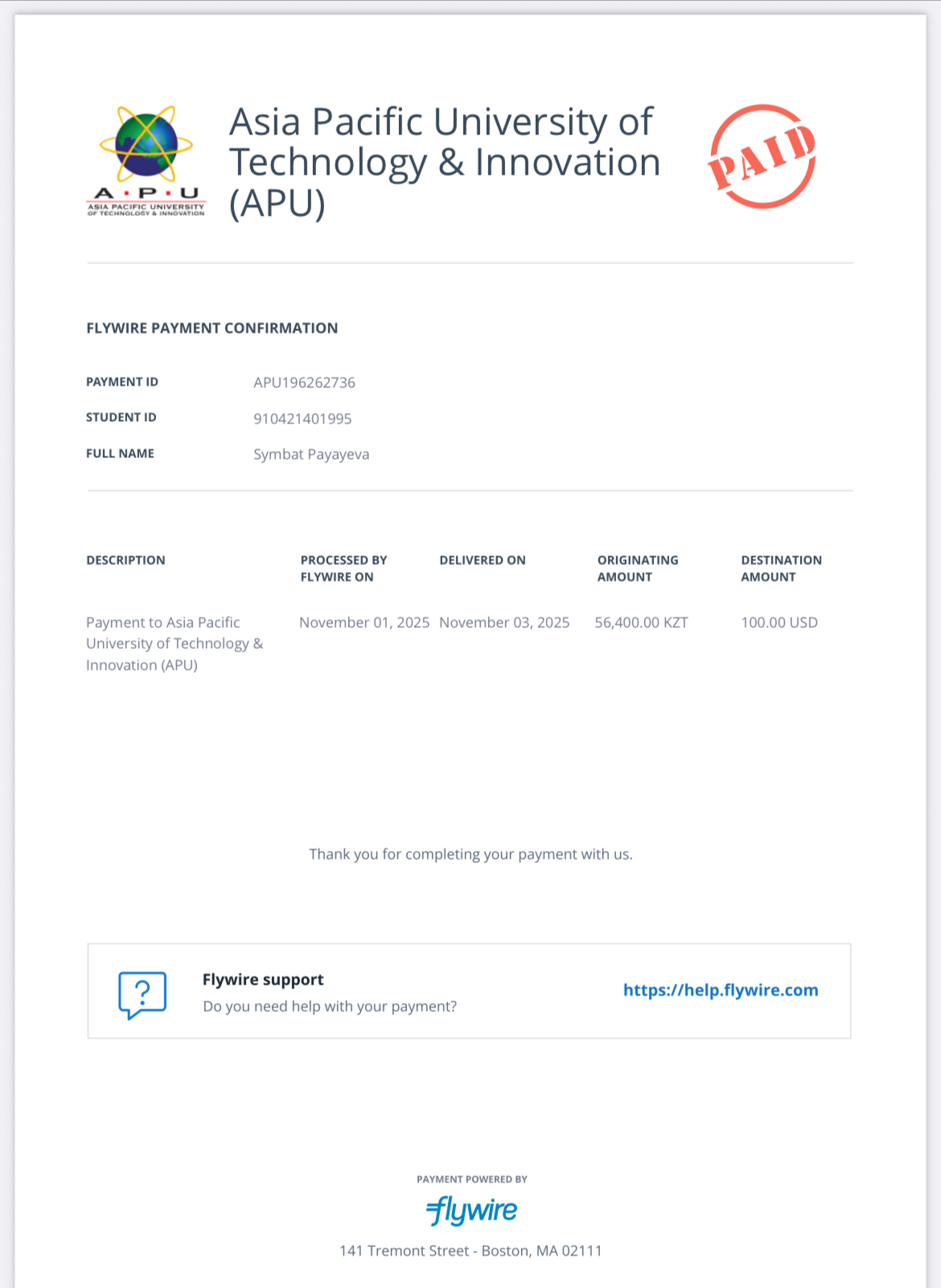 Proof of Payment: